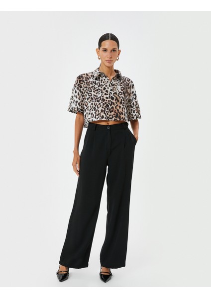 Oversize Leopar Desenli Crop Gömlek Kısa Kollu
