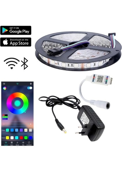 12V 5 Metre Silikonsuz Rgb Şerit LED Bluetoothlu LED Kontrol 4A Adaptörlü IP20 Set