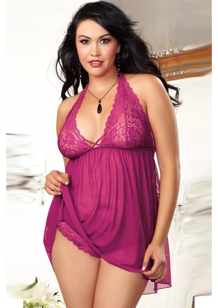 Lacyladyzarifveşık Dantelli Mor Büyük Beden Gecelik TM1272