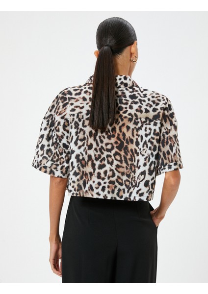 Oversize Leopar Desenli Crop Gömlek Kısa Kollu
