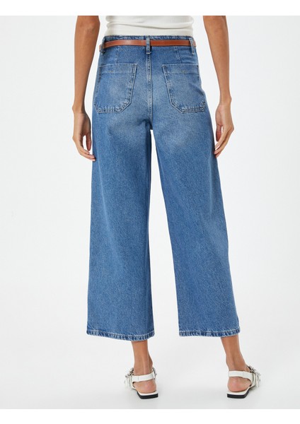 Geniş Paça Kemerli Kot Pantolon Yüksek Bel - Bianca Crop Jean