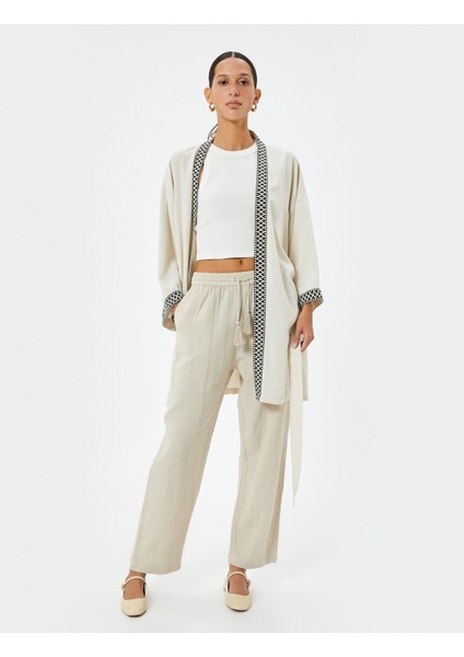 Keten Viskon Karışımlı Oversize Kimono Geniş 3/4 Kol Desenli Kemer Detaylı