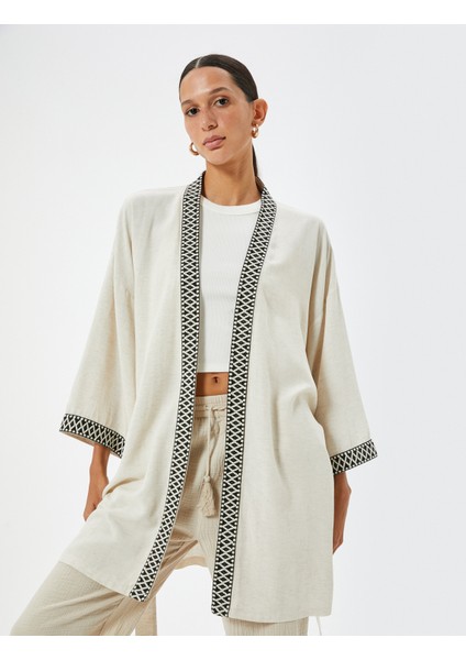 Keten Viskon Karışımlı Oversize Kimono Geniş 3/4 Kol Desenli Kemer Detaylı
