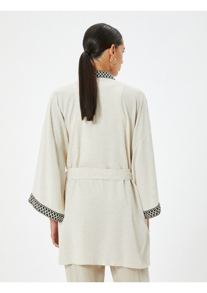 Keten Viskon Karışımlı Oversize Kimono Geniş 3/4 Kol Desenli Kemer Detaylı