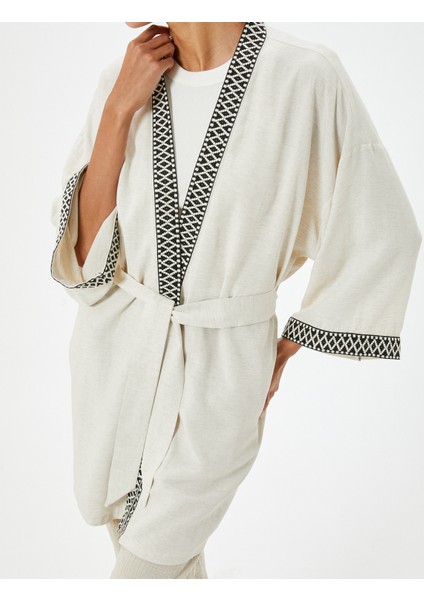 Keten Viskon Karışımlı Oversize Kimono Geniş 3/4 Kol Desenli Kemer Detaylı