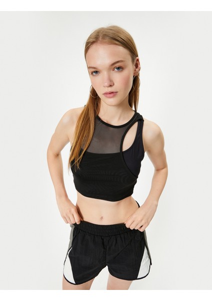 Tül Detaylı Asimetrik Yaka Crop Atlet