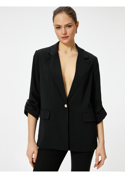 Blazer Ceket Gold Tek Düğmeli Kapaklı Cepli Katlamalı Kollu