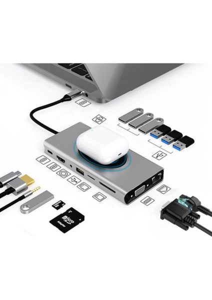 Macbook Uyumlu Type-C™ Wireless Şarj Usb-C To 3* USB 3.0 4*usb 2.0 4K 1080P Hd HDMI VGA 1000 Mbps RJ45 Pd Aux Ses Sd Tf Kart 15IN1 Çevirici Hub Adaptör