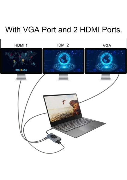 Macbook Uyumlu Type-C™ Wireless Şarj Usb-C To 3* USB 3.0 4*usb 2.0 4K 1080P Hd HDMI VGA 1000 Mbps RJ45 Pd Aux Ses Sd Tf Kart 15IN1 Çevirici Hub Adaptör fiyatları
