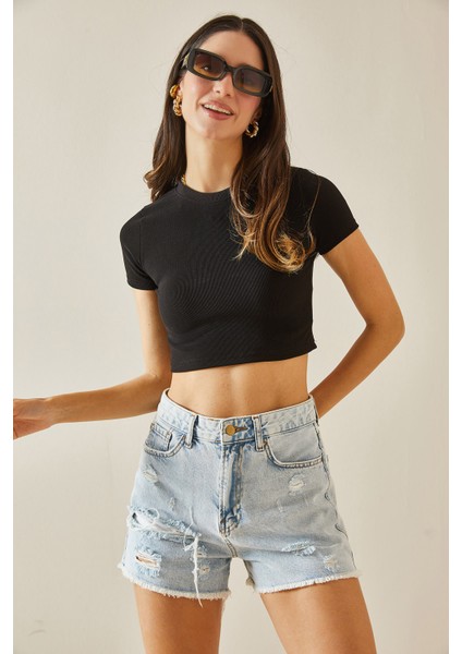 Siyah Bisiklet Yaka Crop Bluz 5YXK2-48551-02