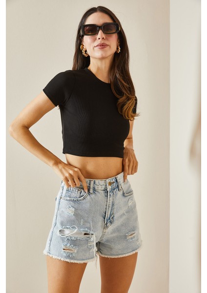 Siyah Bisiklet Yaka Crop Bluz 5YXK2-48551-02 fiyatları