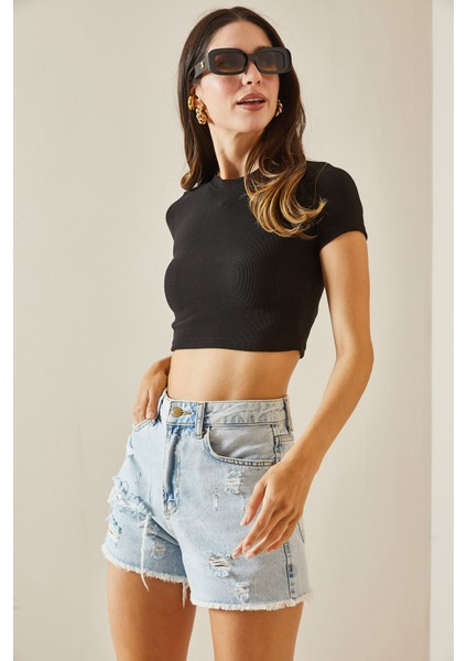 Siyah Bisiklet Yaka Crop Bluz 5YXK2-48551-02 modelleri