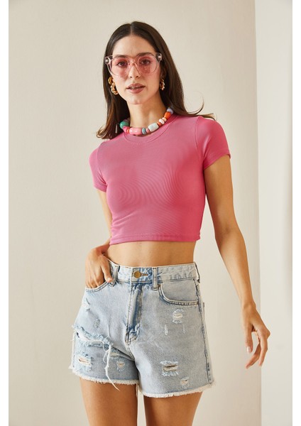 Pembe Bisiklet Yaka Crop Bluz 5YXK2-48551-20 fiyatları