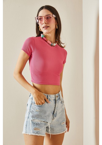 Pembe Bisiklet Yaka Crop Bluz 5YXK2-48551-20 modelleri