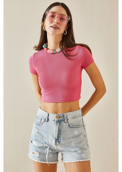 Pembe Bisiklet Yaka Crop Bluz 5YXK2-48551-20 fırsatları