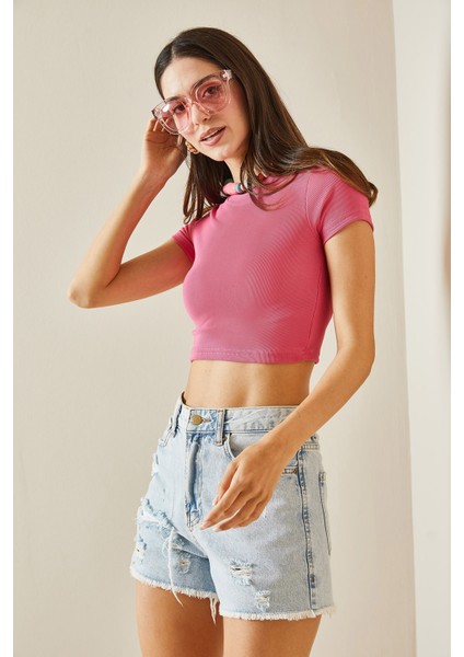 Pembe Bisiklet Yaka Crop Bluz 5YXK2-48551-20 indirimleri