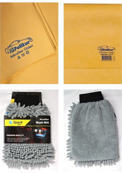 3219 Mikrofiber Güderi Oto Kurulama Bezi & Spark 7050 Şönil Oto Temizlik Eldiveni (2'li Set)