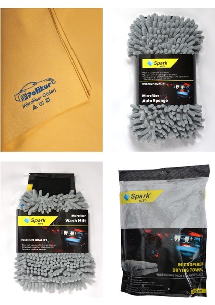 3219 Güderi Bez & Spark 7040 Sünger & Spark 7050 Eldiven & Spark 2316 Peluş Bez (4'lü Set)