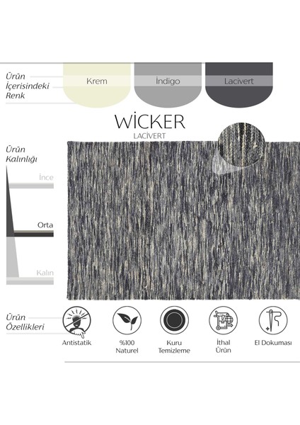 Wicker Lacivert Natural Jüt Halı Yolluk El Dokuma Jüt Kilim Hasır Halı Bohem El Halısı Otantik Halı