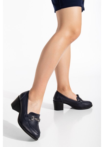 Kadın Deri Tokalı Klasik Topuklu Ayakkabı 7082 Klasik Ayakkabı Lacivert 38