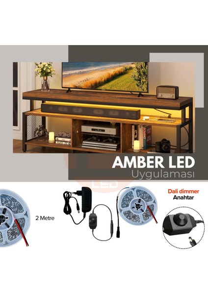 Amber LED 12V Yüksek Parlaklık 4040 Şerit LED Tak Çalıştır Hazır Set, 2 Metre Amber, Dali Dimmer Aç-Kapa Anahtar ve Adaptör Dahil, Gizli Aydınlatma, Mutfak, Tezgah, Dolap İçi ve Ayna İçin