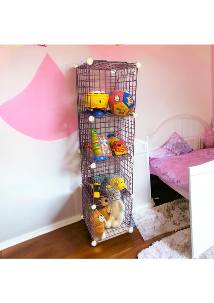 4 Bölmeli Tel Küp Çok Amaçlı Organizer Raf Pembe 33cm Mutfak, Oyuncak, Kiler, Depolama Rafı