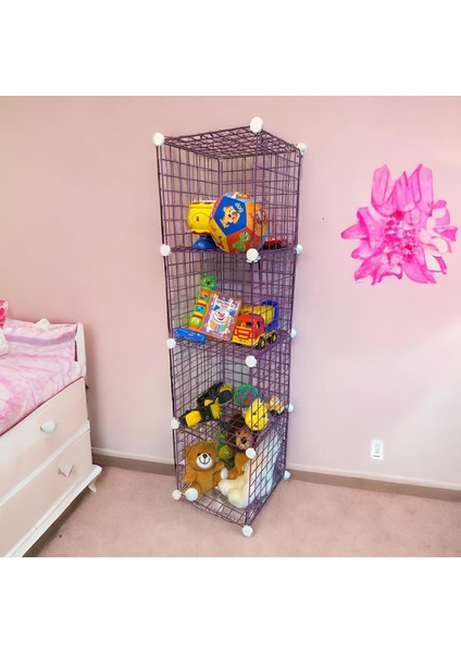4 Bölmeli Tel Küp Çok Amaçlı Organizer Raf Pembe 33cm Mutfak, Oyuncak, Kiler, Depolama Rafı