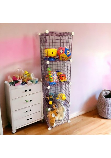 4 Bölmeli Tel Küp Çok Amaçlı Organizer Raf Pembe 33cm Mutfak, Oyuncak, Kiler, Depolama Rafı
