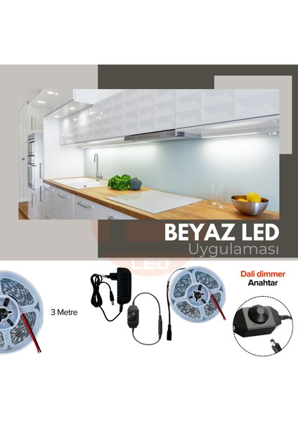 12V Yüksek Parlaklık 4040 Şerit LED Tak Çalıştır Hazır Set, 3 Metre Beyaz, Dali Dimmer Aç-Kapa Anahtar ve Adaptör Dahil, Gizli Aydınlatma, Mutfak, Tezgah, Dolap İçi ve Ayna İçin