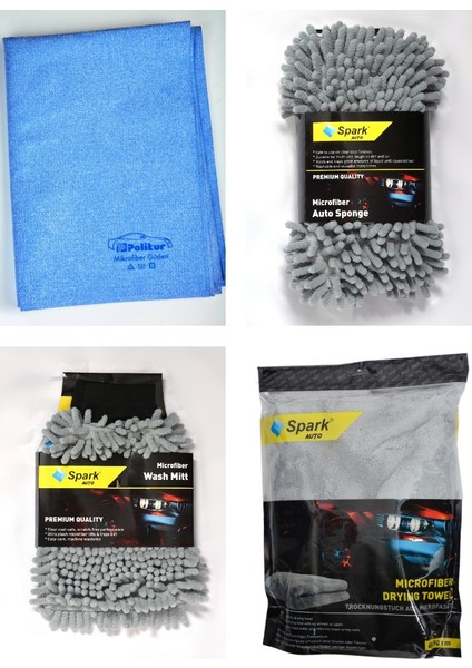 3356 Güderi Bez & Spark 7040 Sünger & Spark 7050 Eldiven & Spark 2316 Peluş Bez (4'lü Set)