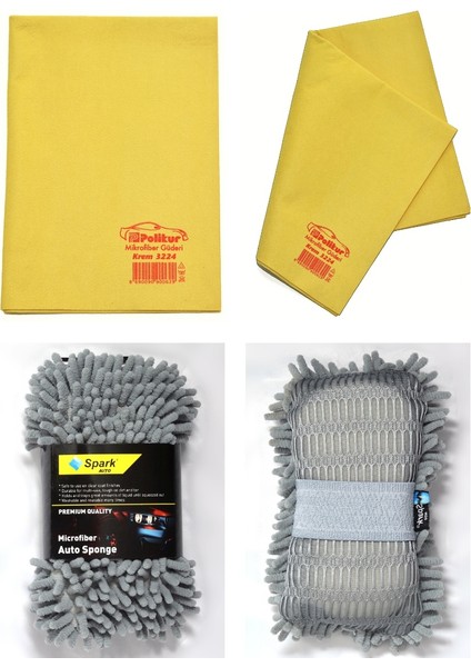 3224 Mikrofiber Güderi Oto Kurulama Bezi ve Spark 7040 Şönil Oto Yıkama Süngeri (2'li Set)