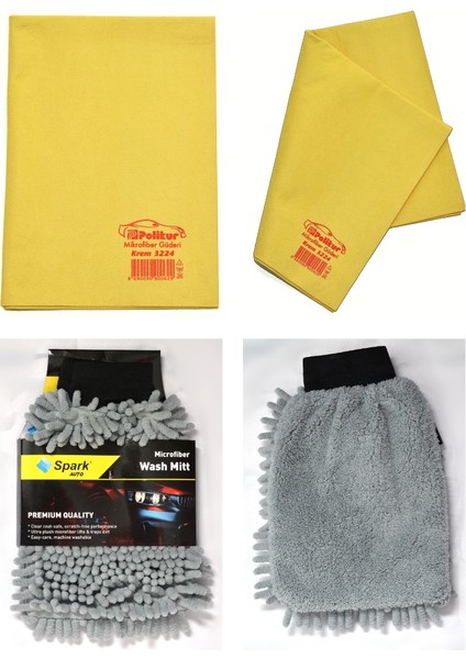 3224 Mikrofiber Güderi Oto Kurulama Bezi & Spark 7050 Şönil Oto Temizlik Eldiveni (2'li Set)