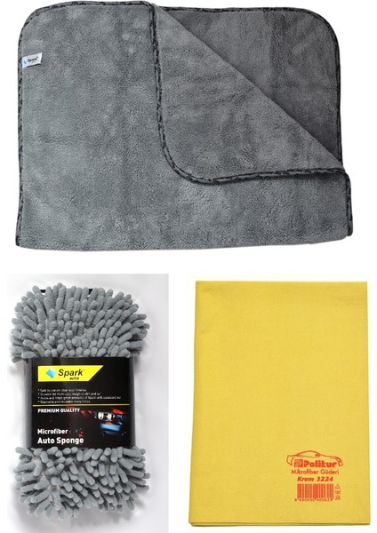 2316 Peluş Oto Kurulama Bezi & Spark 7040 Yıkama Süngeri & Polikur 3224 Güderi Bez (3'lü Set)