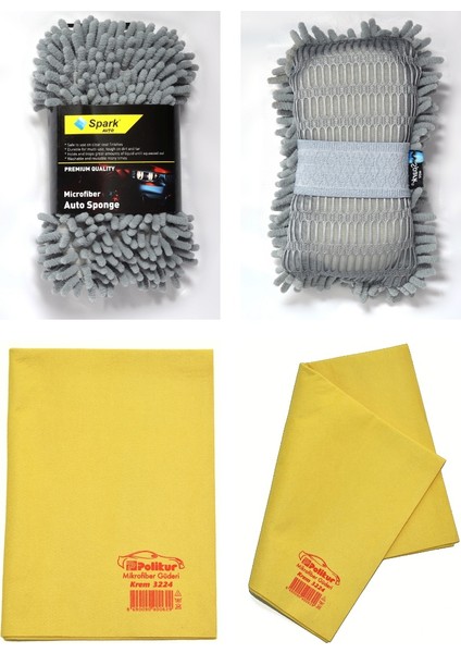 7040 Şönil Oto Yıkama Süngeri ve Polikur 3224 Mikrofiber Güderi Oto Kurulama Bezi (2'li Set)