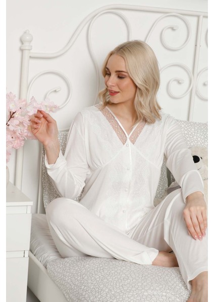 Farya Home Dreamy Premium Kutulu Dantel Işlemeli Düğmeli Uzun Kollu Pijama Takımı