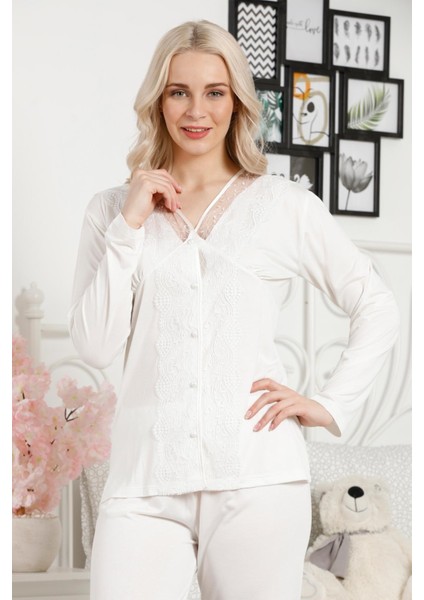 Farya Home Dreamy Premium Kutulu Dantel Işlemeli Düğmeli Uzun Kollu Pijama Takımı