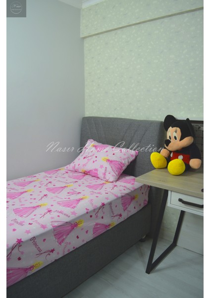 Nasır Home Tek Kişilik Çocuk Desenli (Prenses) Lastikli Çarşaf (100X200X25CM) ve Yastık Kılıfı Seti (1 Adet 50X70 Gizli Fermuar)