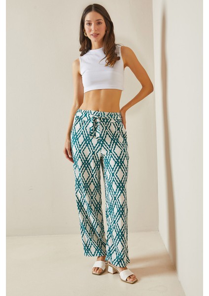 Yeşil Desenli Bol Paça Kuşaklı Pantolon 5YXK5-48554-08
