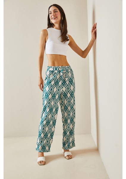 Yeşil Desenli Bol Paça Kuşaklı Pantolon 5YXK5-48554-08 modelleri