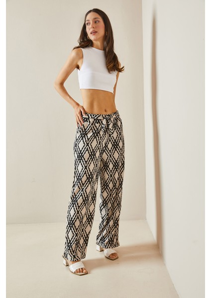 Siyah Desenli Bol Paça Kuşaklı Pantolon 5YXK5-48554-02 fiyatları