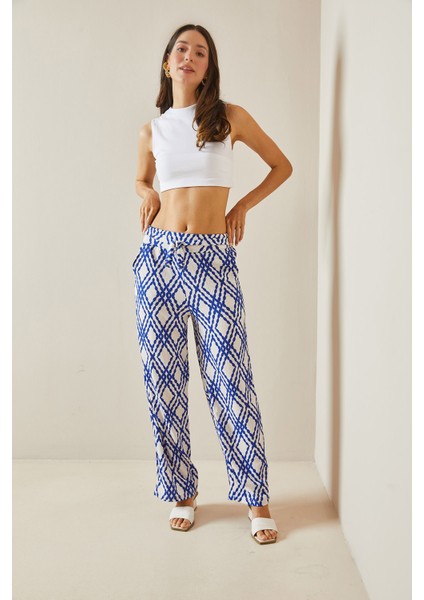 Mavi Desenli Bol Paça Kuşaklı Pantolon 5YXK5-48554-12