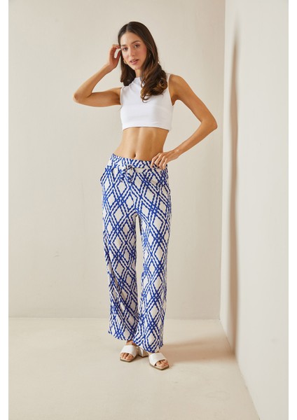 Mavi Desenli Bol Paça Kuşaklı Pantolon 5YXK5-48554-12