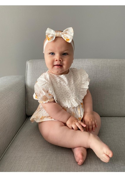 Kız Bebek Bandanalı Yağmur Damla Fistolu Çıtçıtlı Romper Badi Ikili Set