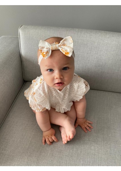 Kız Bebek Bandanalı Yağmur Damla Fistolu Çıtçıtlı Romper Badi Ikili Set