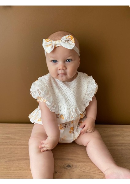 Kız Bebek Bandanalı Yağmur Damla Fistolu Çıtçıtlı Romper Badi Ikili Set