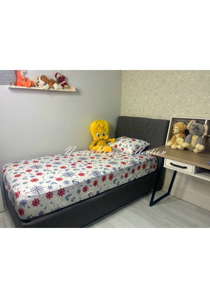 Nasır Home Tek Kişilik Çocuk Desenli (Gemici) Lastikli Çarşaf (100X200X25CM) ve Yastık Kılıfı Seti (1 Adet 50X70 Gizli Fermuar)