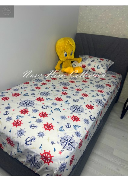 Nasır Home Tek Kişilik Çocuk Desenli (Gemici) Lastikli Çarşaf (100X200X25CM) ve Yastık Kılıfı Seti (1 Adet 50X70 Gizli Fermuar)