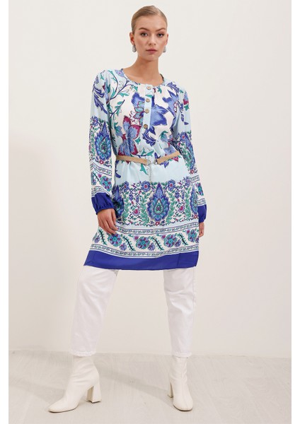 5902 Kemerli Desenli Elbise - Saks