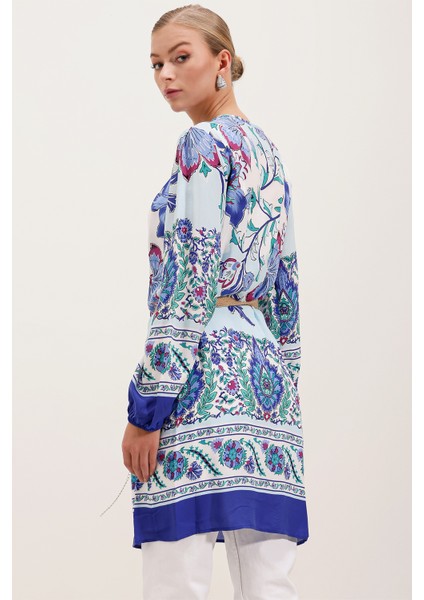 5902 Kemerli Desenli Elbise - Saks