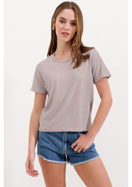 4313 Çizgili Basic Tişört - Kahverengi